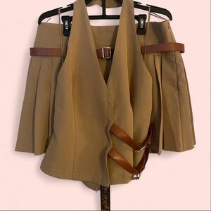 Tan And Brown Pleated Mini Skirt And Halter Top Set Size Xl